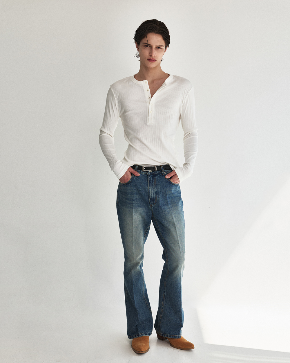 [kineto] Fine Cotton Ribbed Henley Top_White