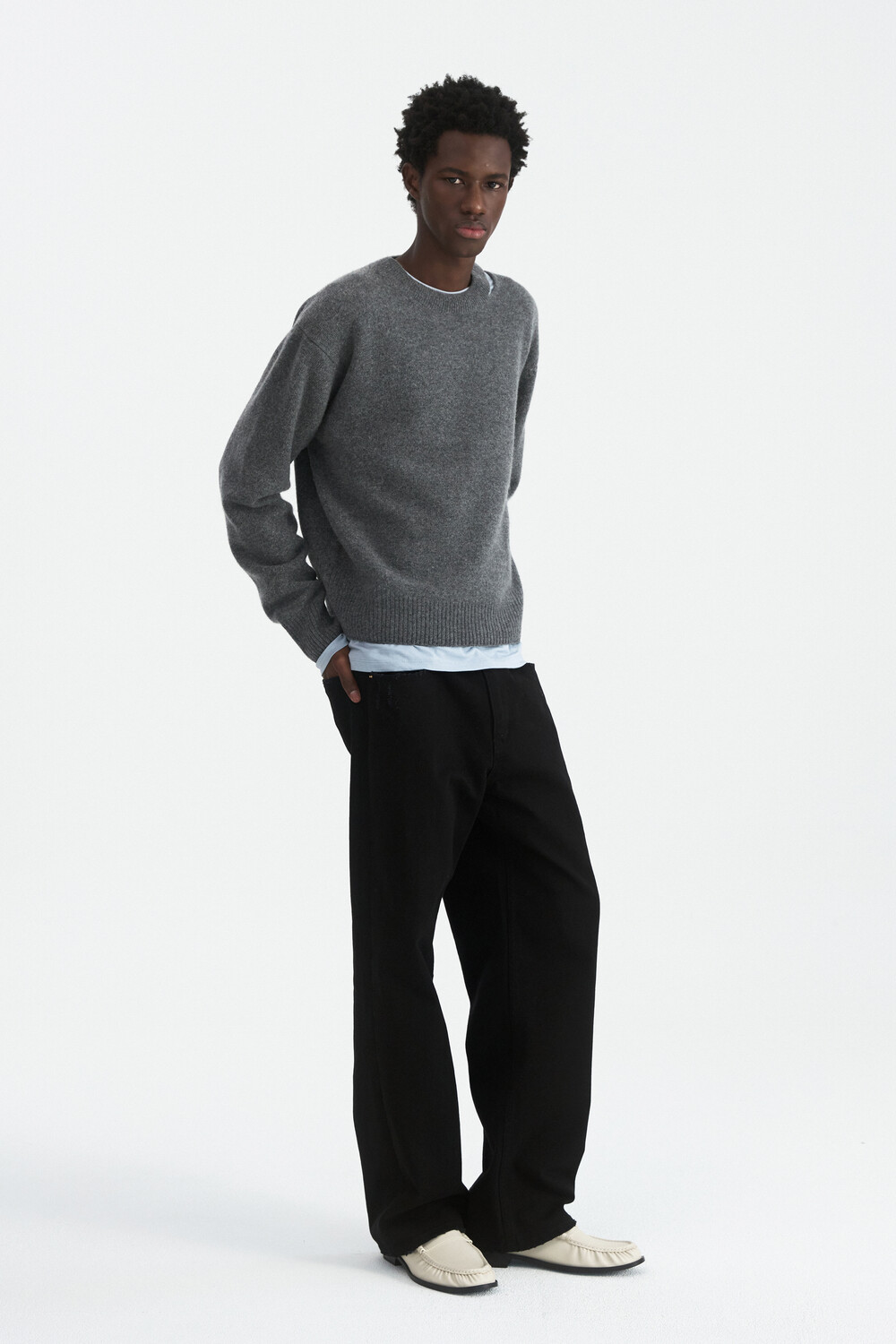 [WINDER] SLIT MERINO WOOL SWEATER - MELANGE GREY