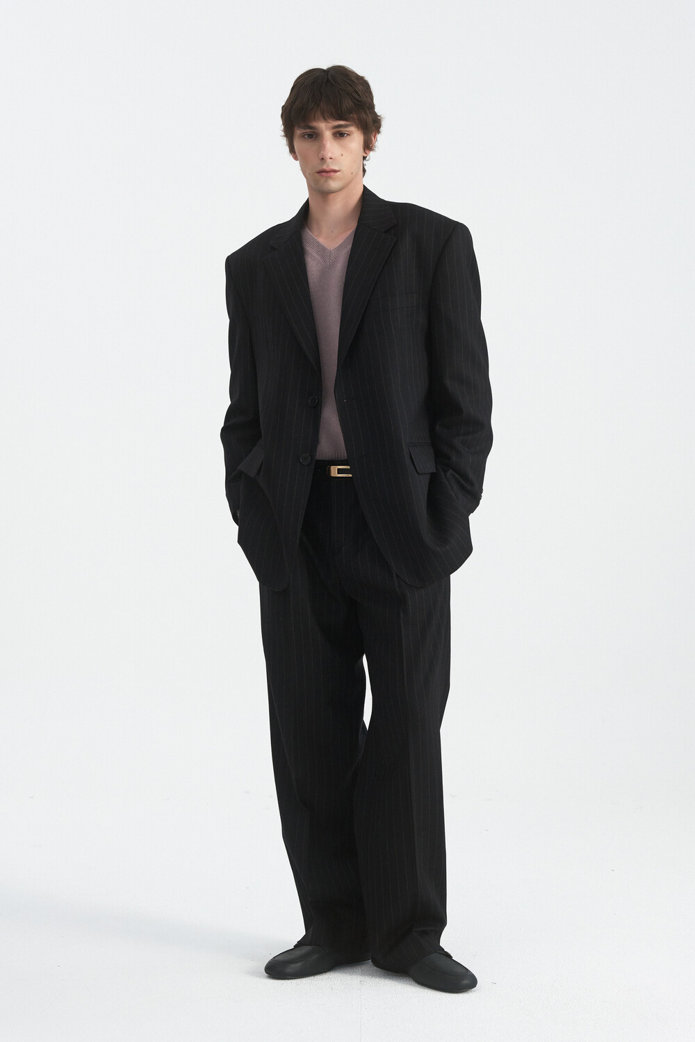 [WINDER] PLEATED WOOL TROUSERS - STRIPE BLACK