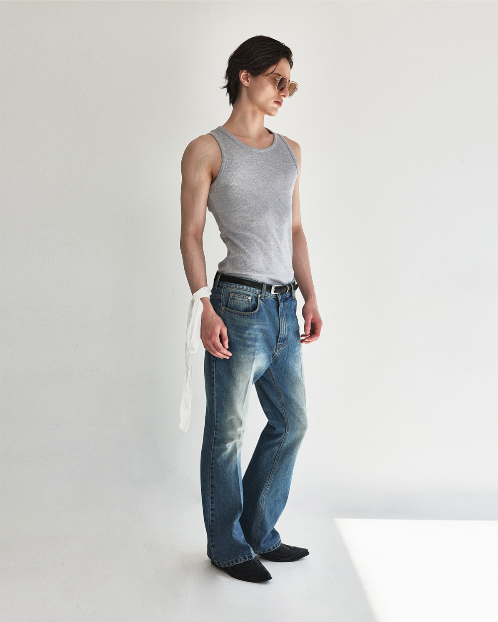 [kineto] Oblong Leather Buckle Belt_Silver