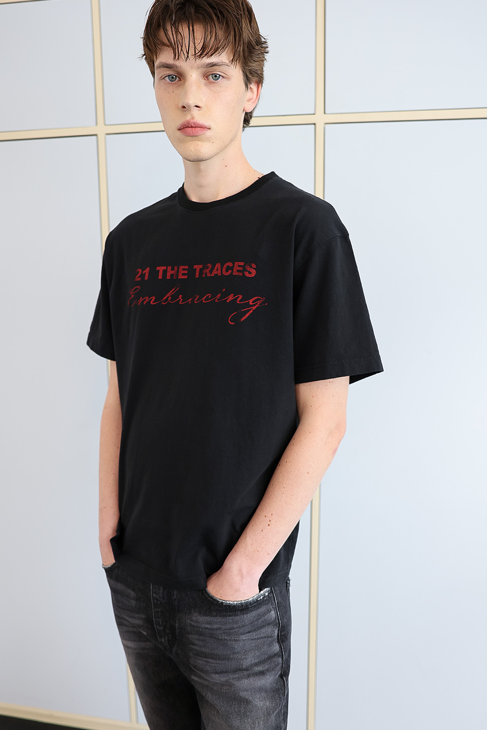 [ANYTIME LOREAK] TRACE WASHED HALF T-SHIRT - BLACK