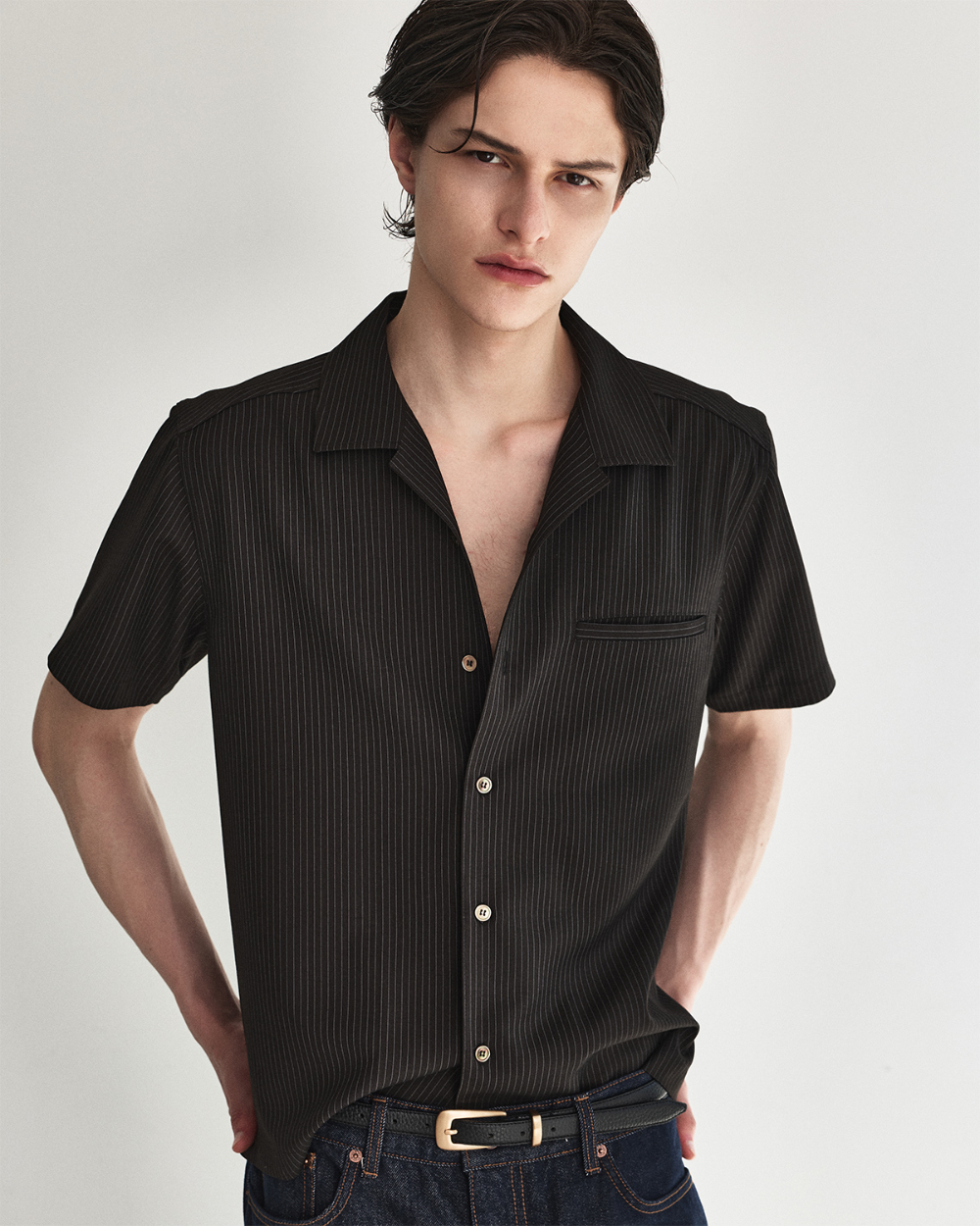 [kineto] Refined Wool Stripe Shirt_Dark Brown