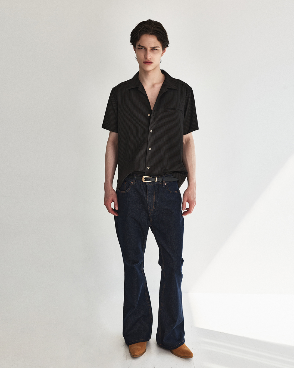 [kineto] Refined Wool Stripe Shirt_Dark Brown