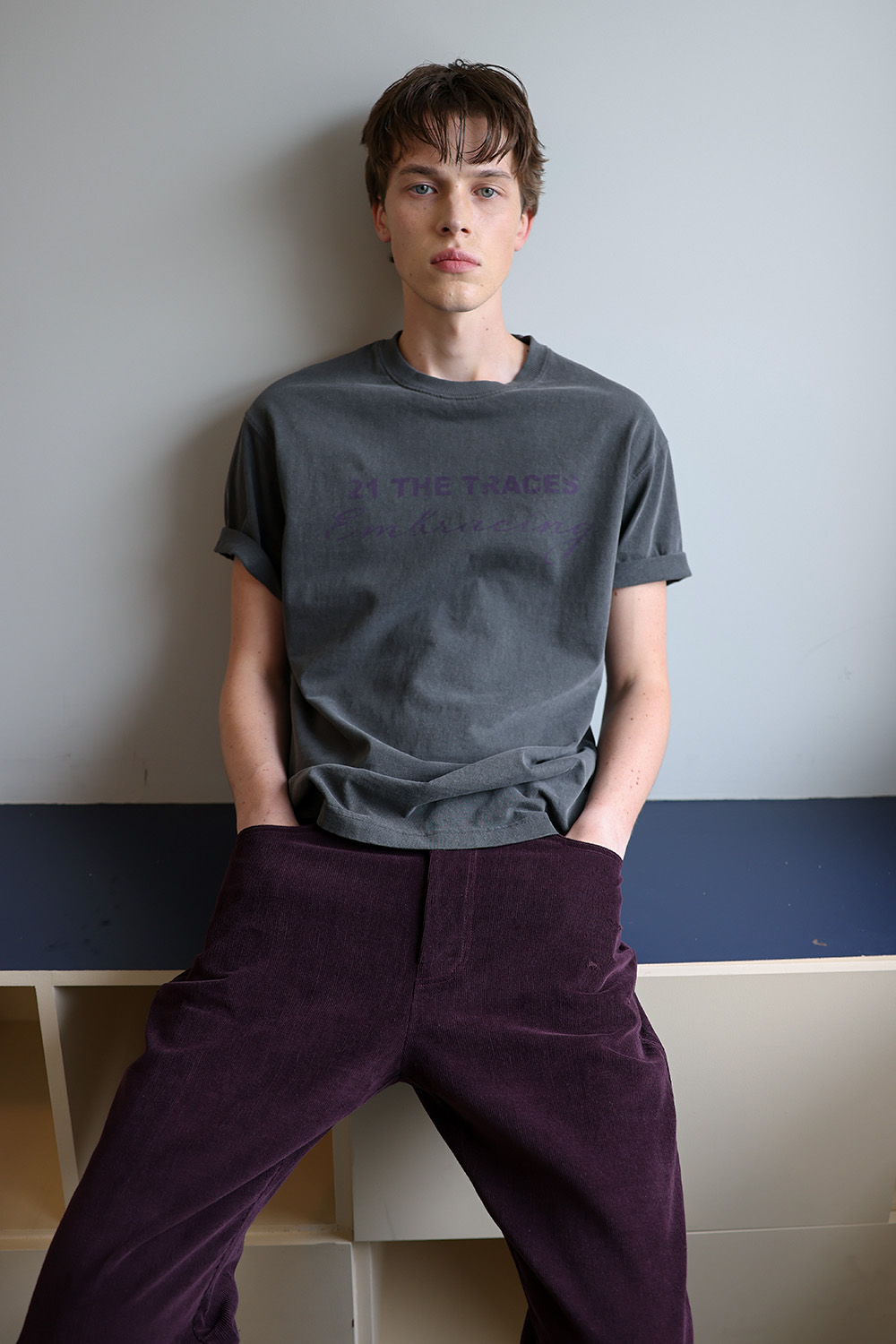 [ANYTIME LOREAK] TRACE WASHED HALF T-SHIRT - CHARCOAL