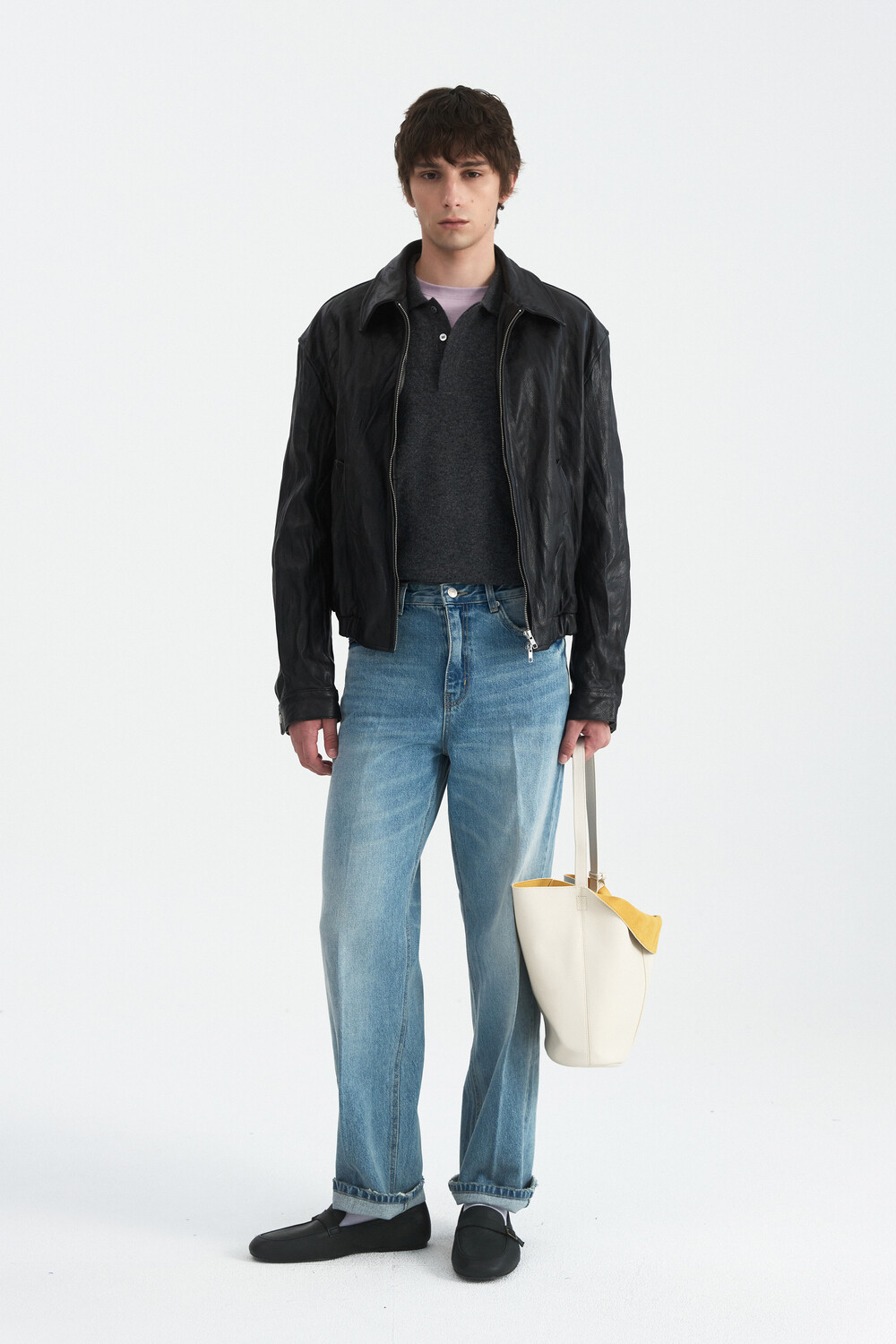 [WINDER] MERINO WOOL HIDDEN POLO SWEATER -DARK GREY