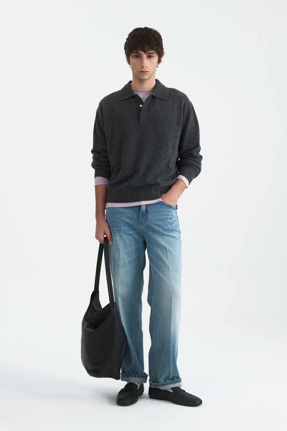 [WINDER] MERINO WOOL HIDDEN POLO SWEATER -DARK GREY