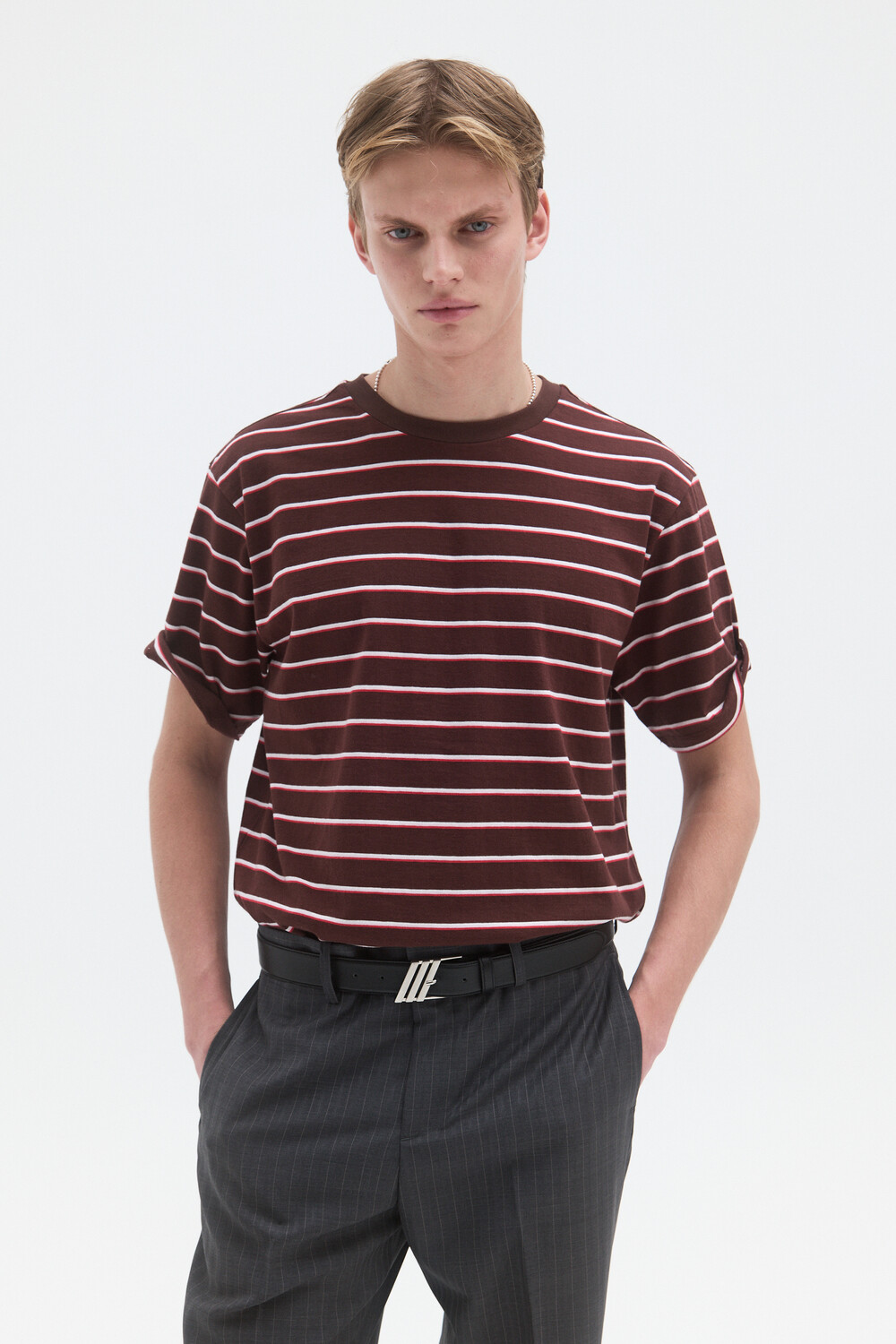 [WINDER] STRIPED COTTON TOP - BURGUNDY BROWN