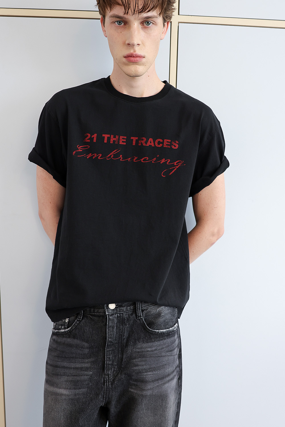 [ANYTIME LOREAK] TRACE WASHED HALF T-SHIRT - BLACK