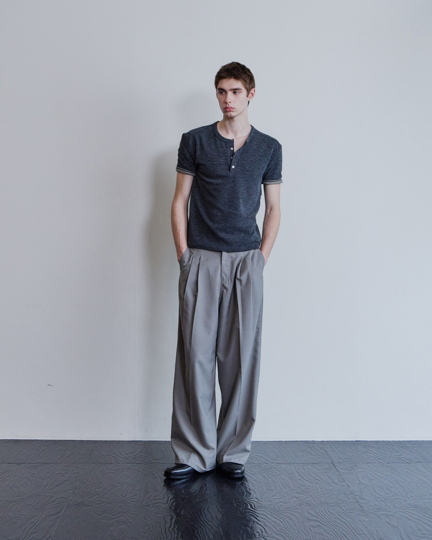 [WAVINESS] Ribbed Layered Henley-Neck T-shirts - Charcoal