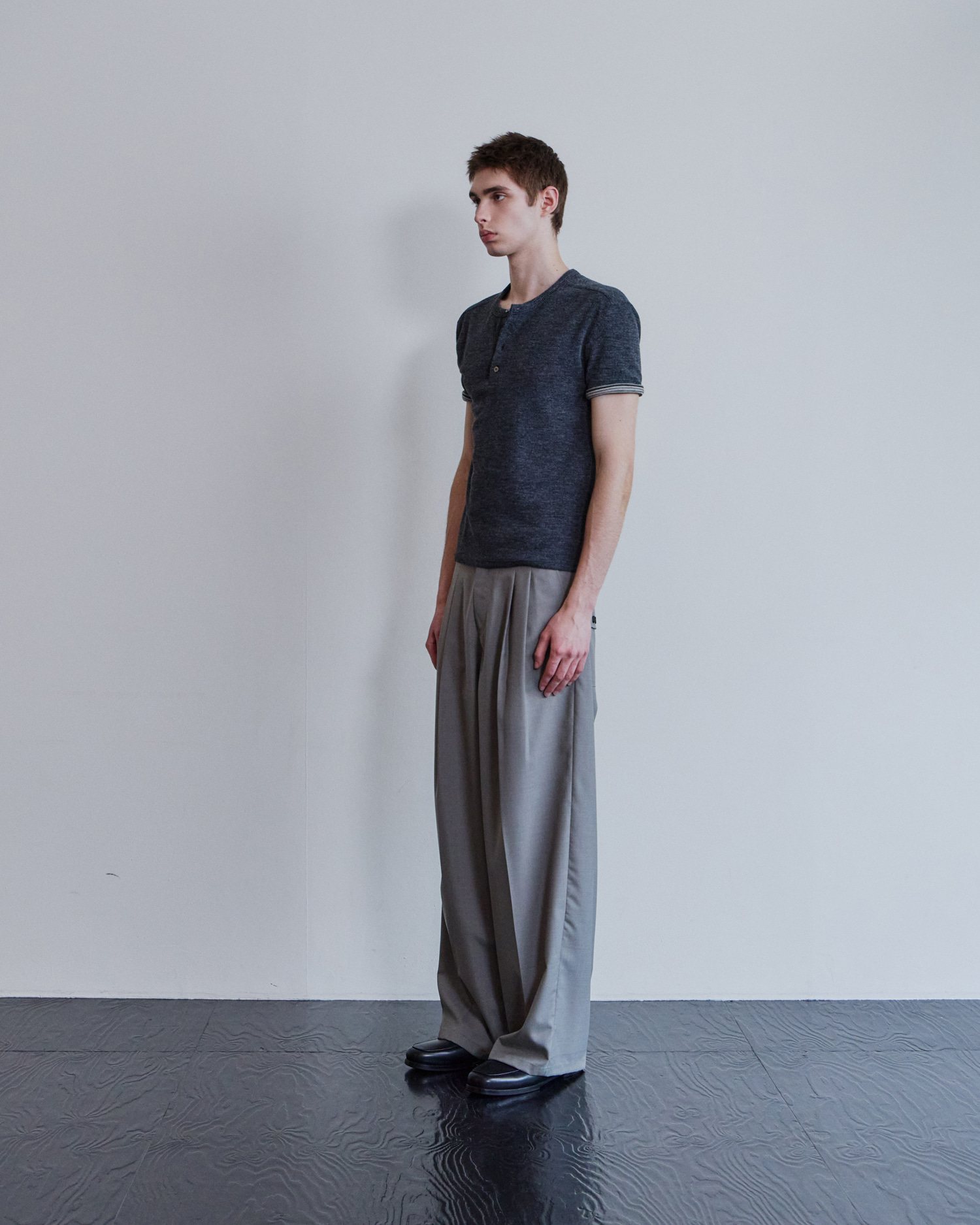 [WAVINESS] Ribbed Layered Henley-Neck T-shirts - Charcoal