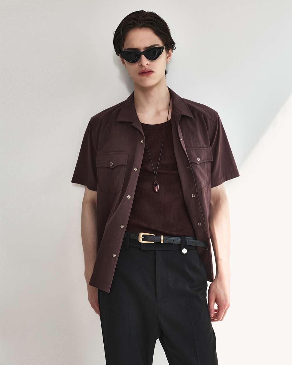 [kineto] Éclat Snap Open Collar Shirt_Plum