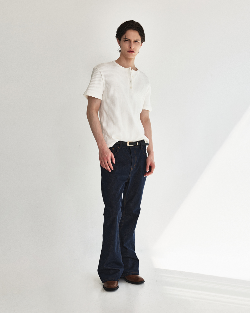 [kineto] Wale Cotton Henley Neck Top_White