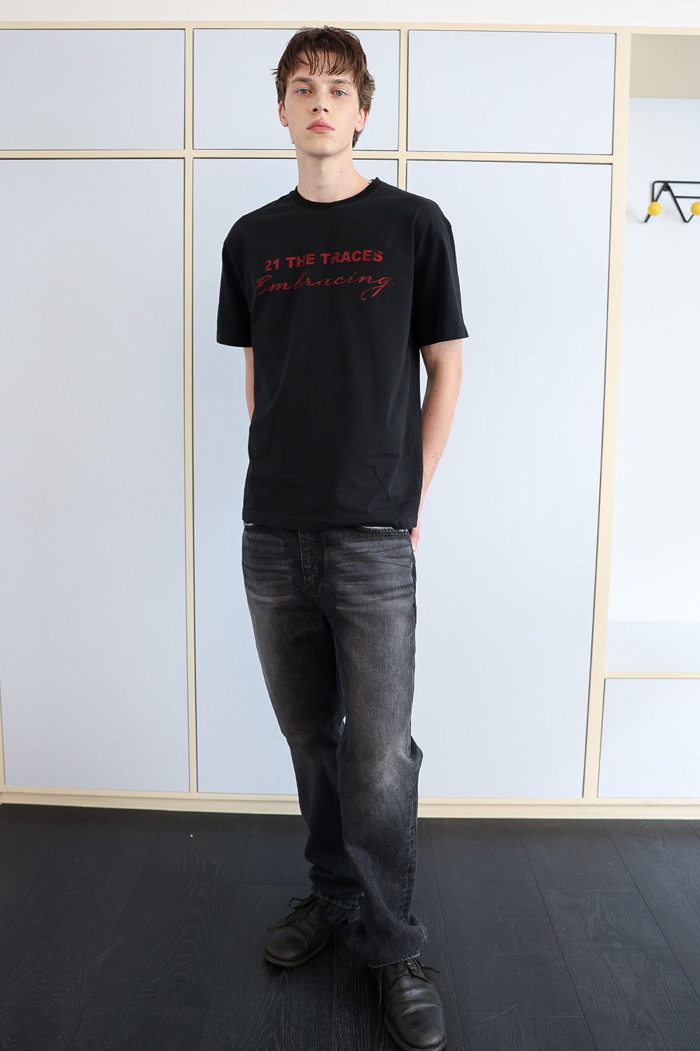 [ANYTIME LOREAK] TRACE WASHED HALF T-SHIRT - BLACK
