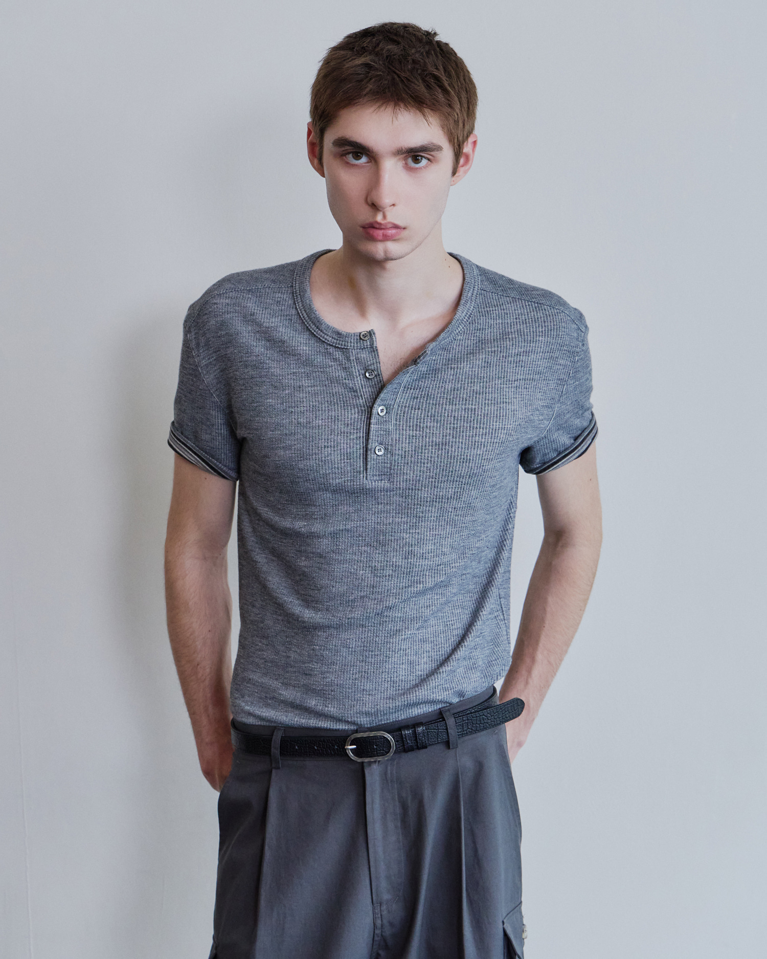 [WAVINESS] Ribbed Layered Henley-Neck T-shirts - Light Grey