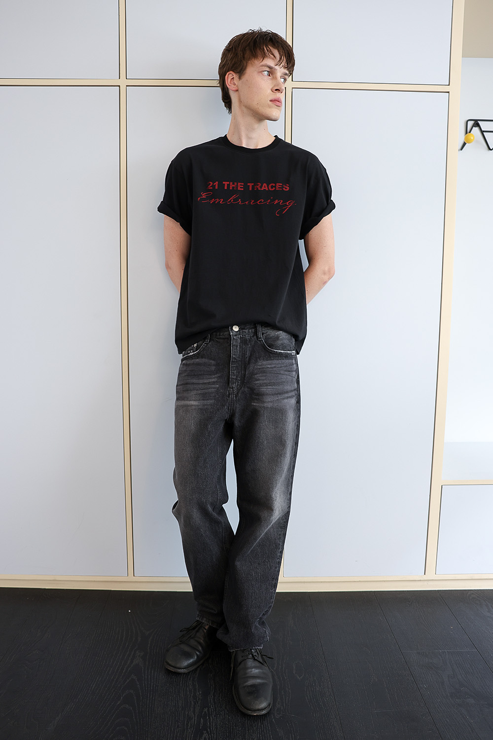 [ANYTIME LOREAK] TRACE WASHED HALF T-SHIRT - BLACK
