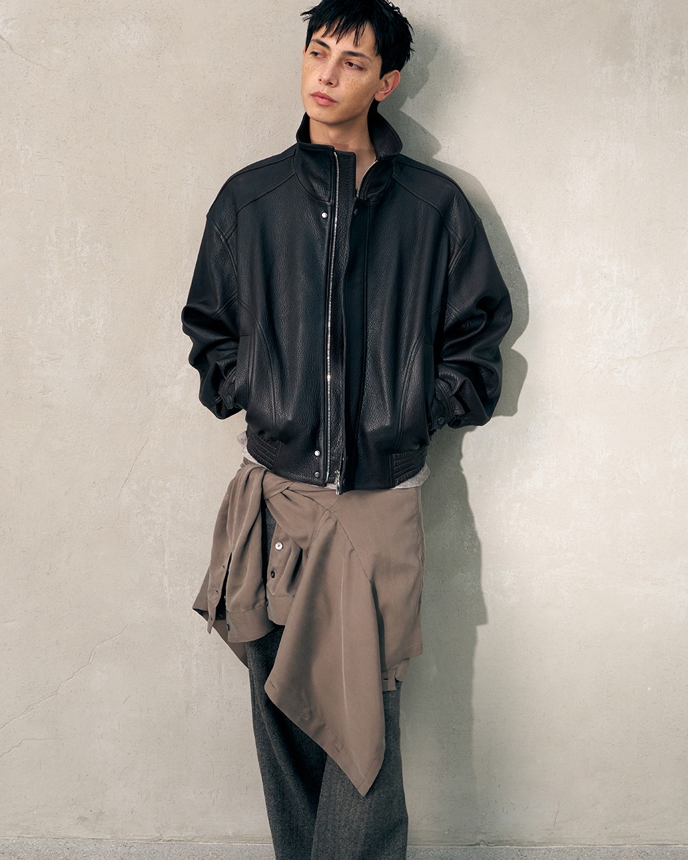 [HALEINE] OVERSIZED 3D HIGH NECK LEATHER JACKET BROWN (XJ322)