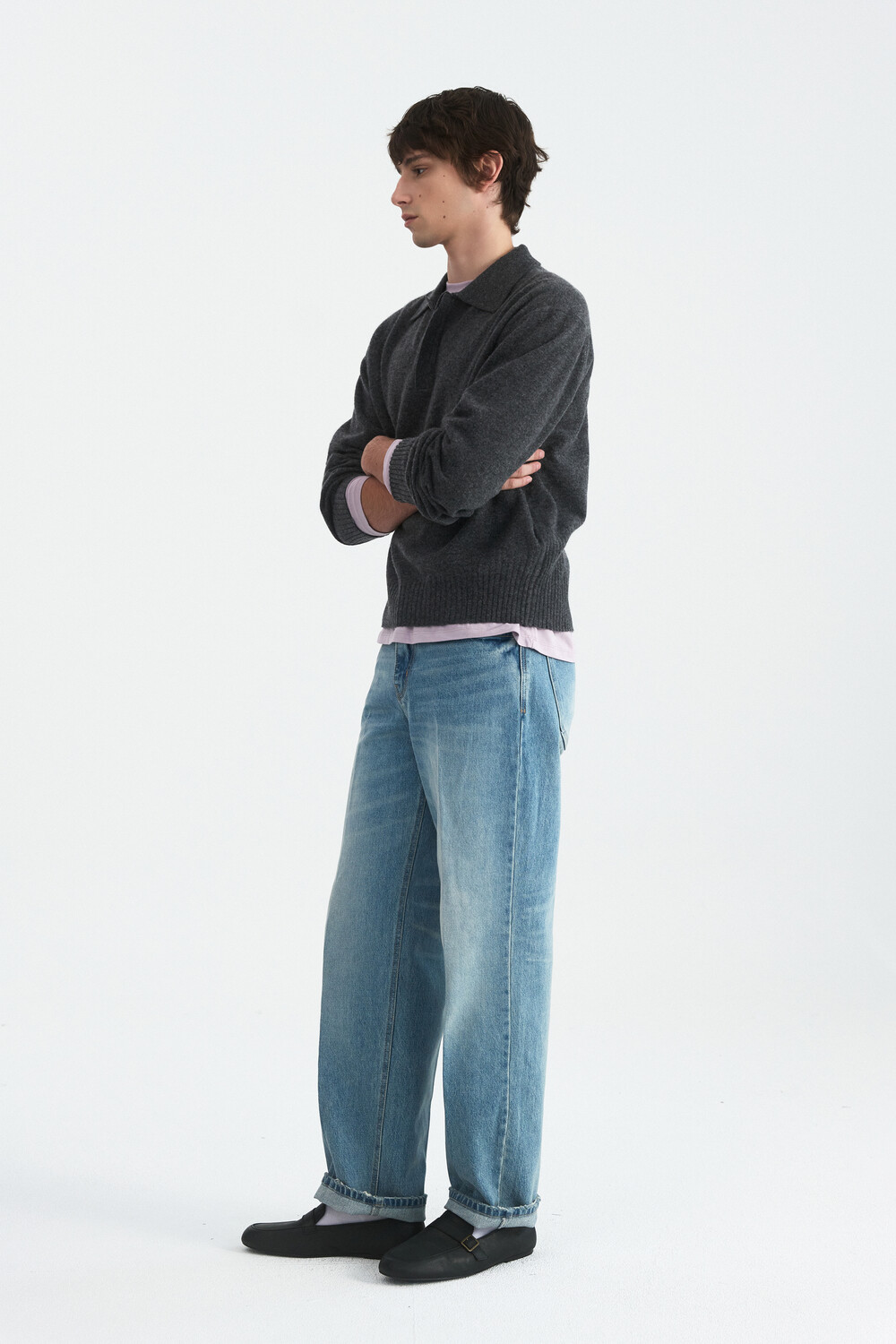 [WINDER] MERINO WOOL HIDDEN POLO SWEATER -DARK GREY