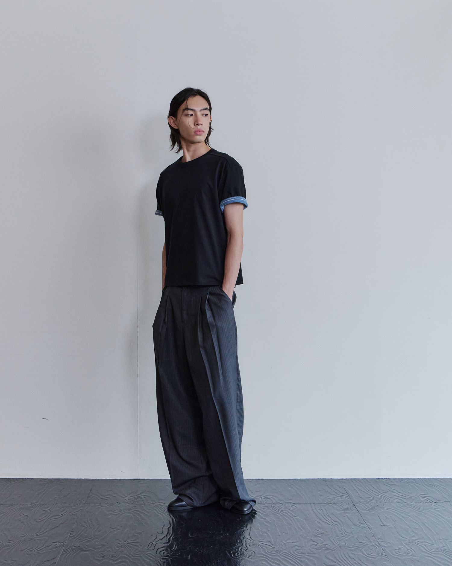 [WAVINESS] Stripe Layered T-shirts - Black