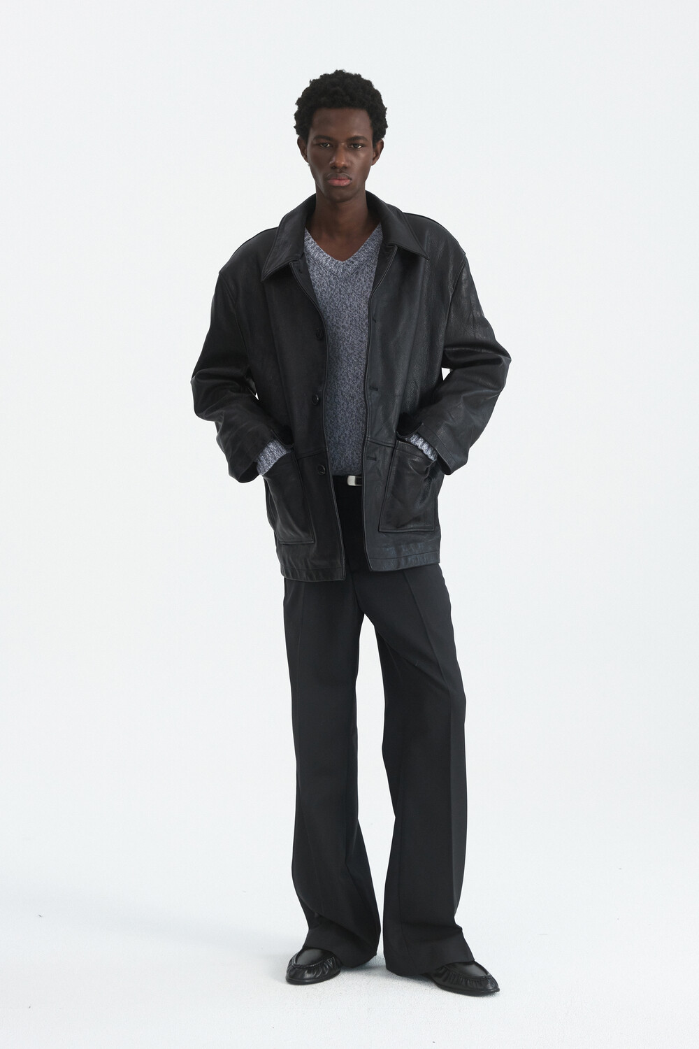 [WINDER] VINTAGE WASHED GOAT LEATHER CAR COAT - BLACK