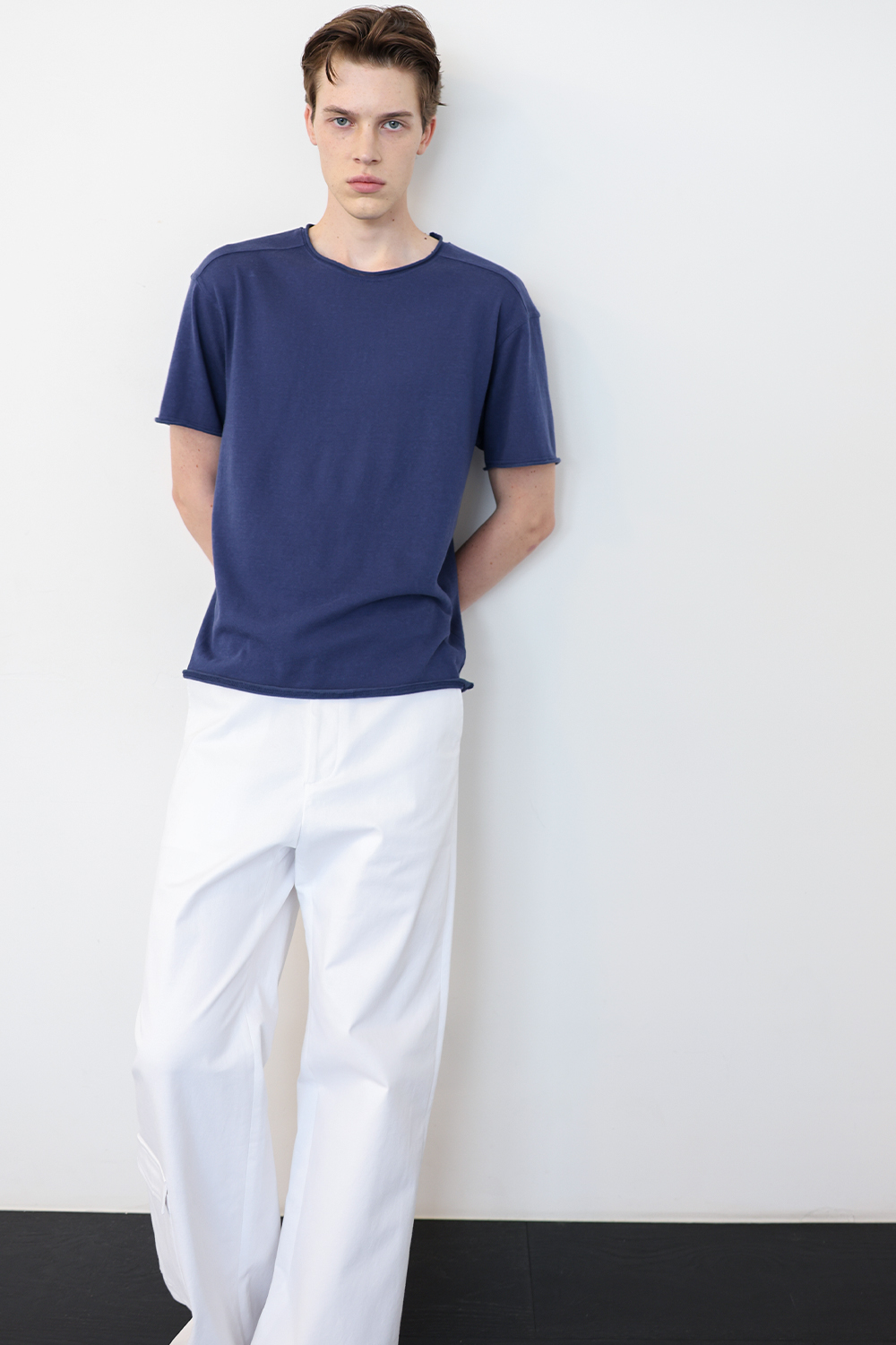 [ANYTIME LOREAK] YUCCA RAW-EDGE HALF KNIT -BLUE