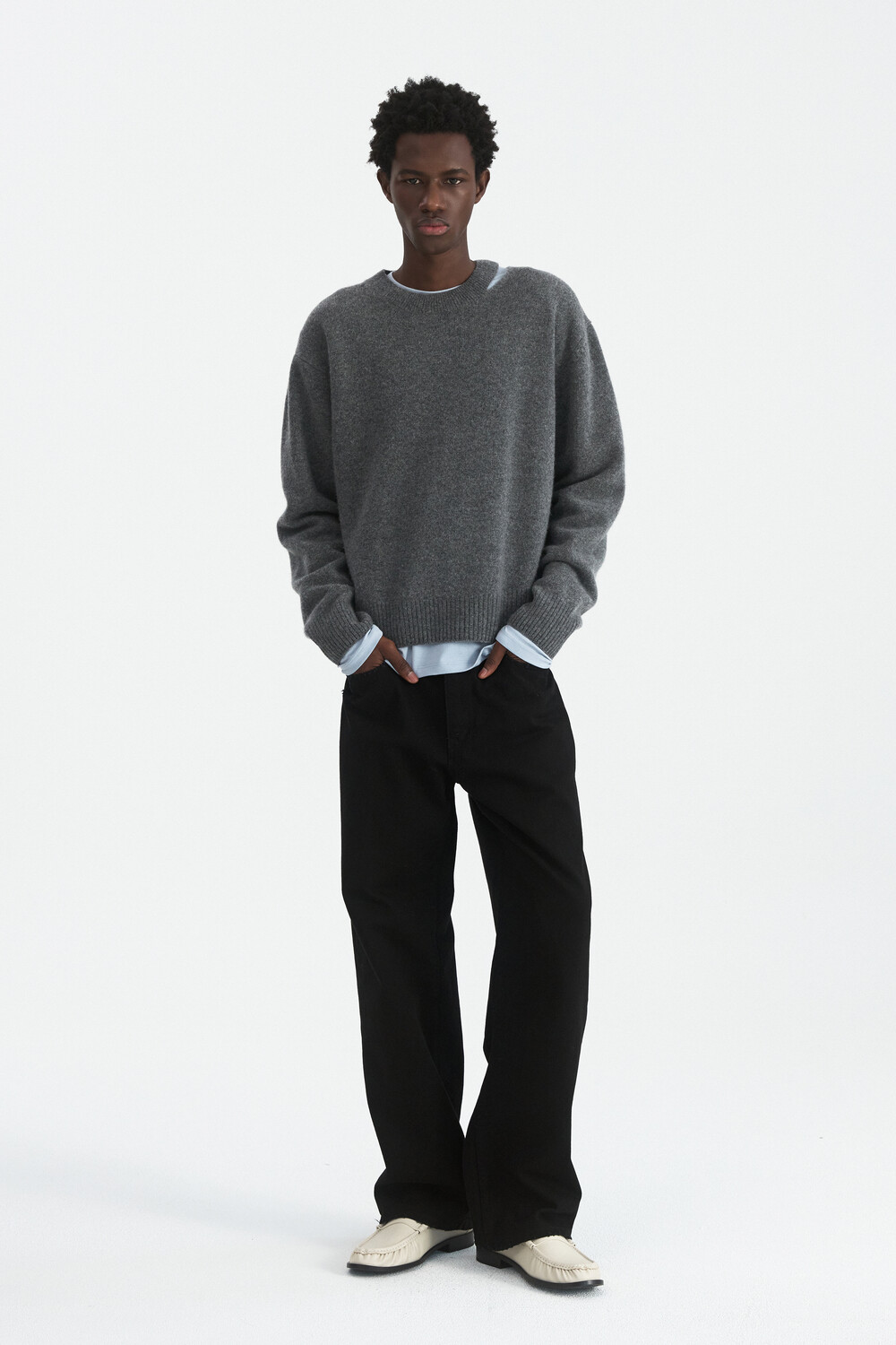[WINDER] SLIT MERINO WOOL SWEATER - MELANGE GREY