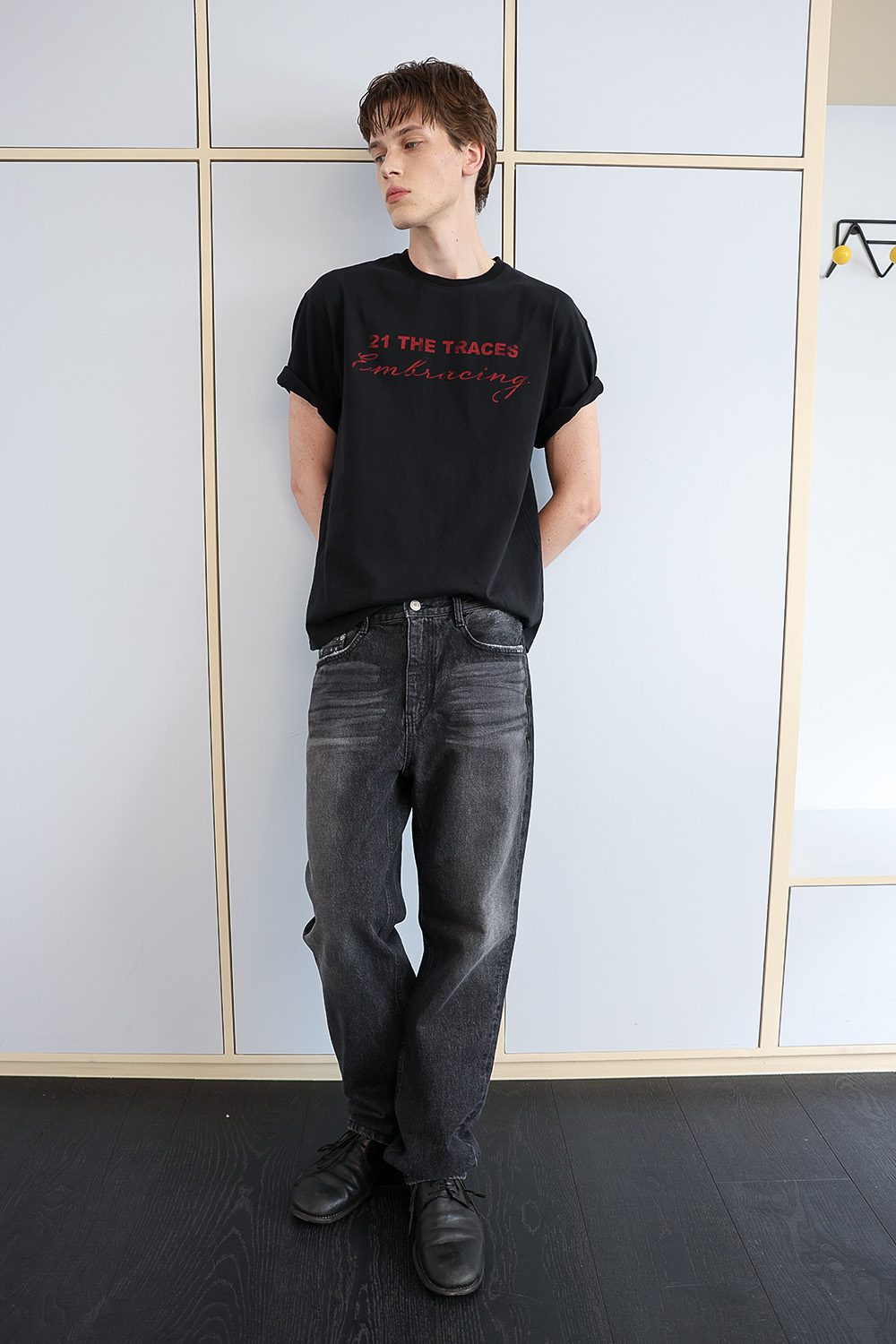 [ANYTIME LOREAK] TRACE WASHED HALF T-SHIRT - BLACK