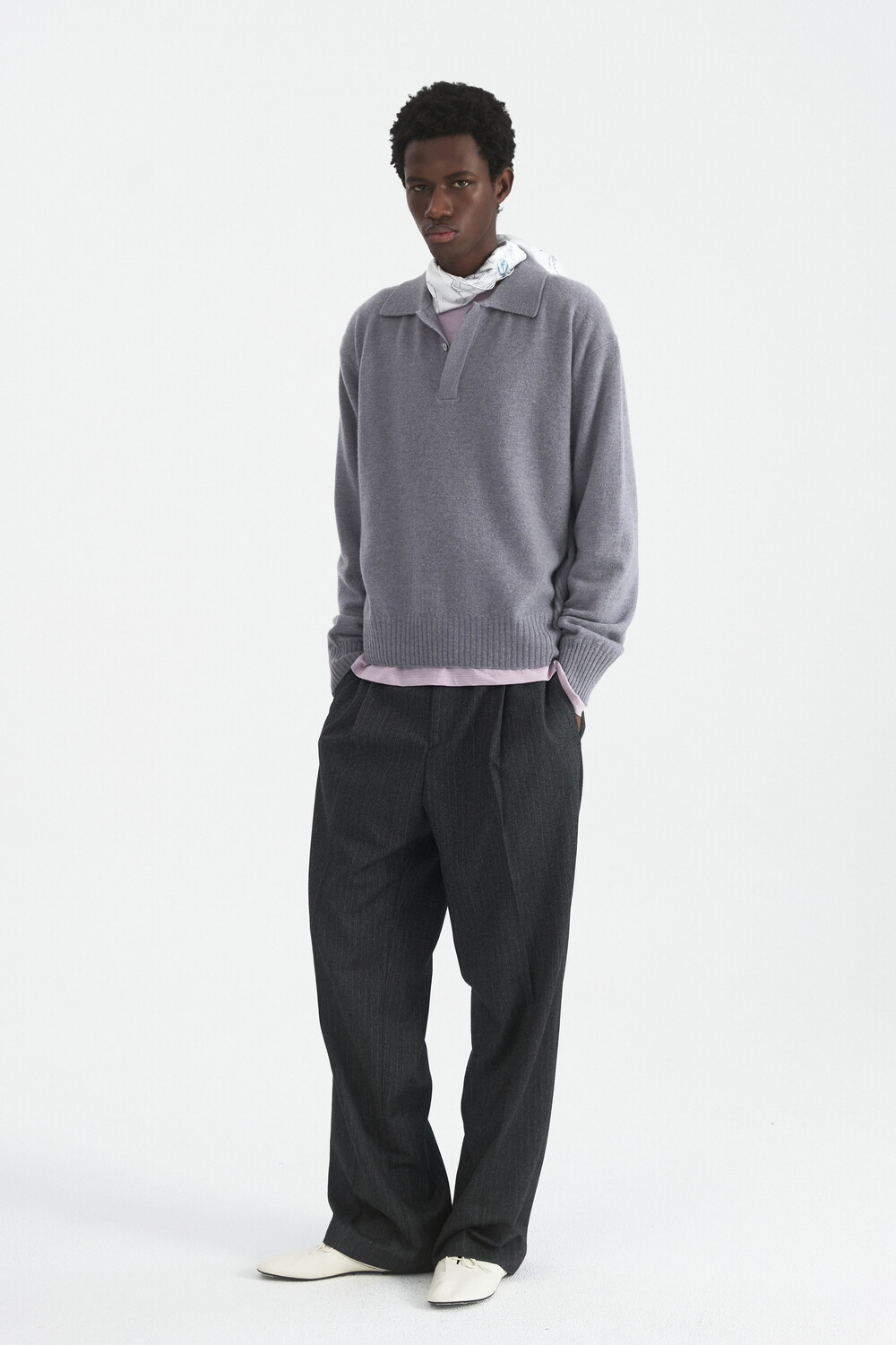 [WINDER] MERINO WOOL HIDDEN POLO SWEATER - SILVER BLUE