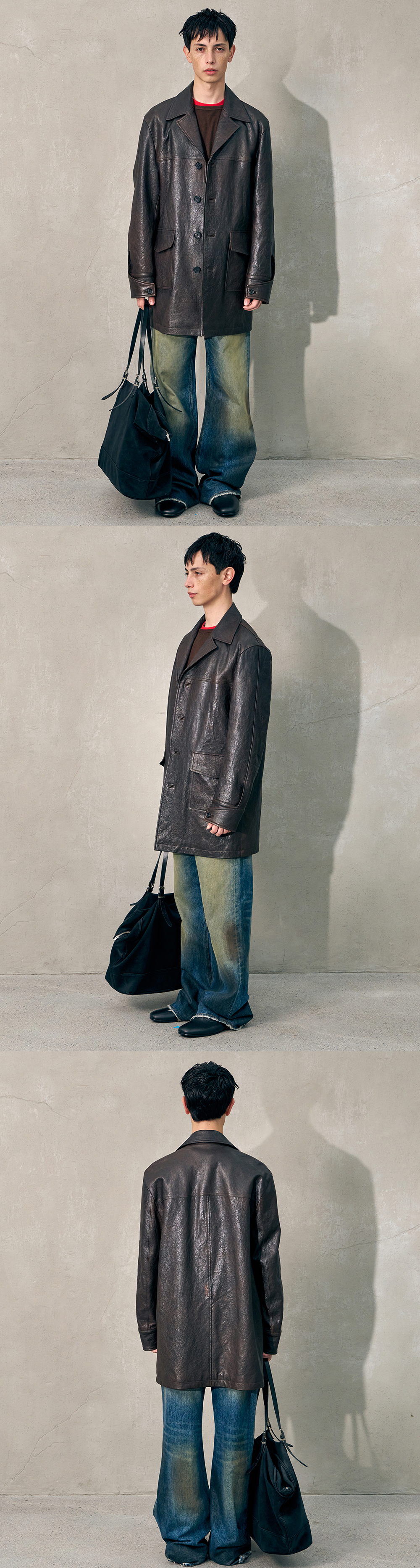 [HALEINE] LEATHER CAR COAT ANTIQUE BROWN (XJ315)