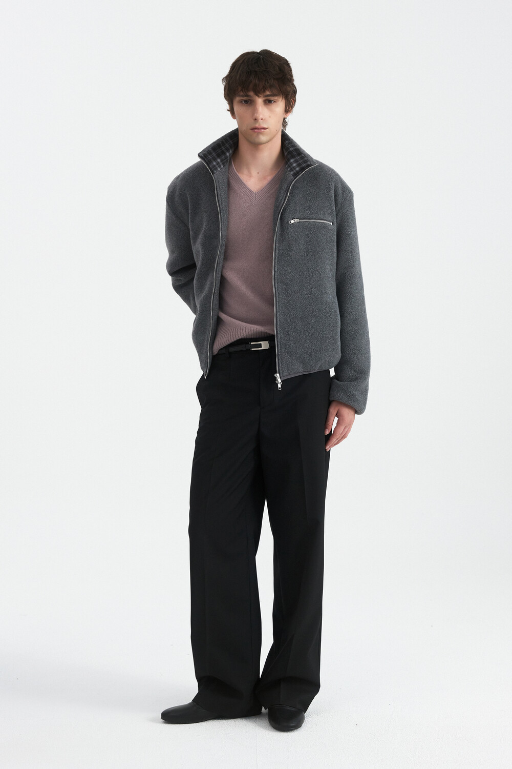 [WINDER] BACK PATCH WOOL TROUSERS - BLACK