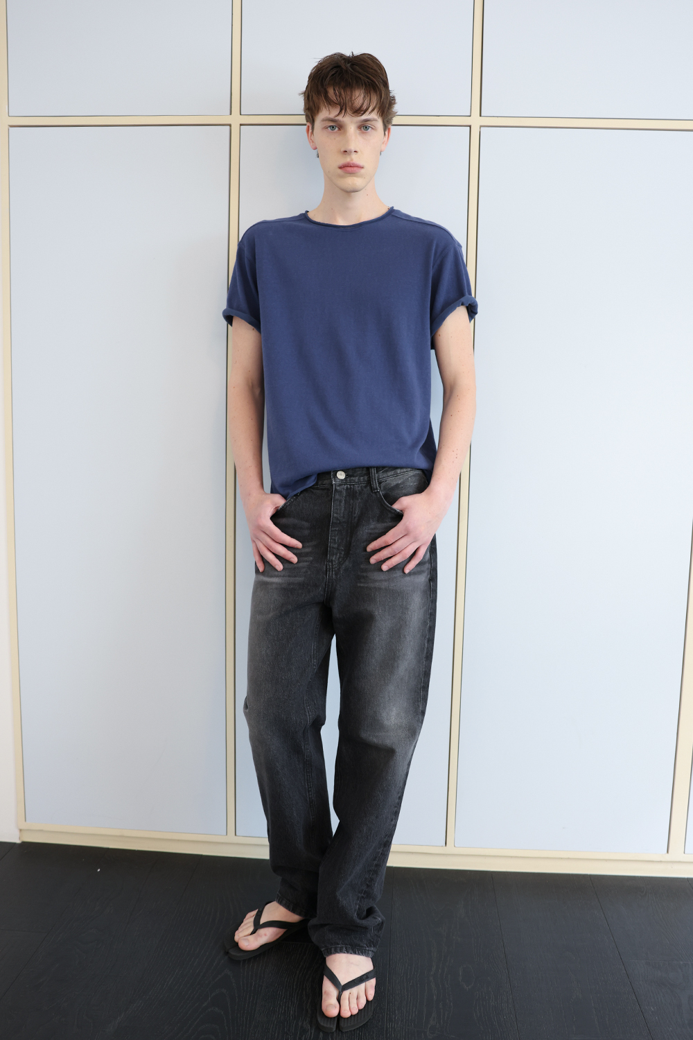 [ANYTIME LOREAK] YUCCA RAW-EDGE HALF KNIT -BLUE