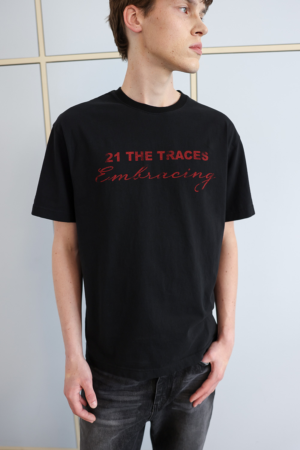 [ANYTIME LOREAK] TRACE WASHED HALF T-SHIRT - BLACK