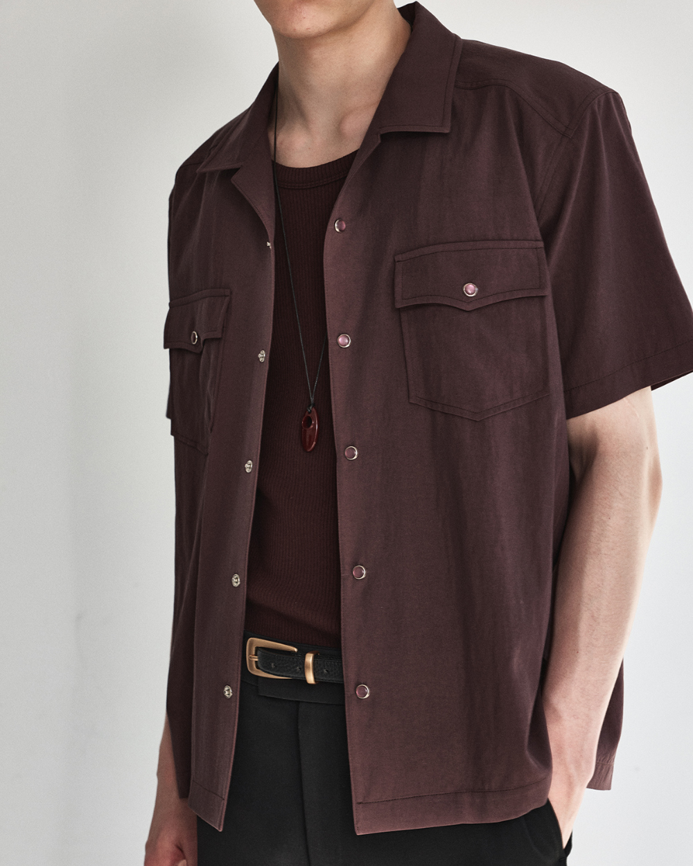 [kineto] Éclat Snap Open Collar Shirt_Plum