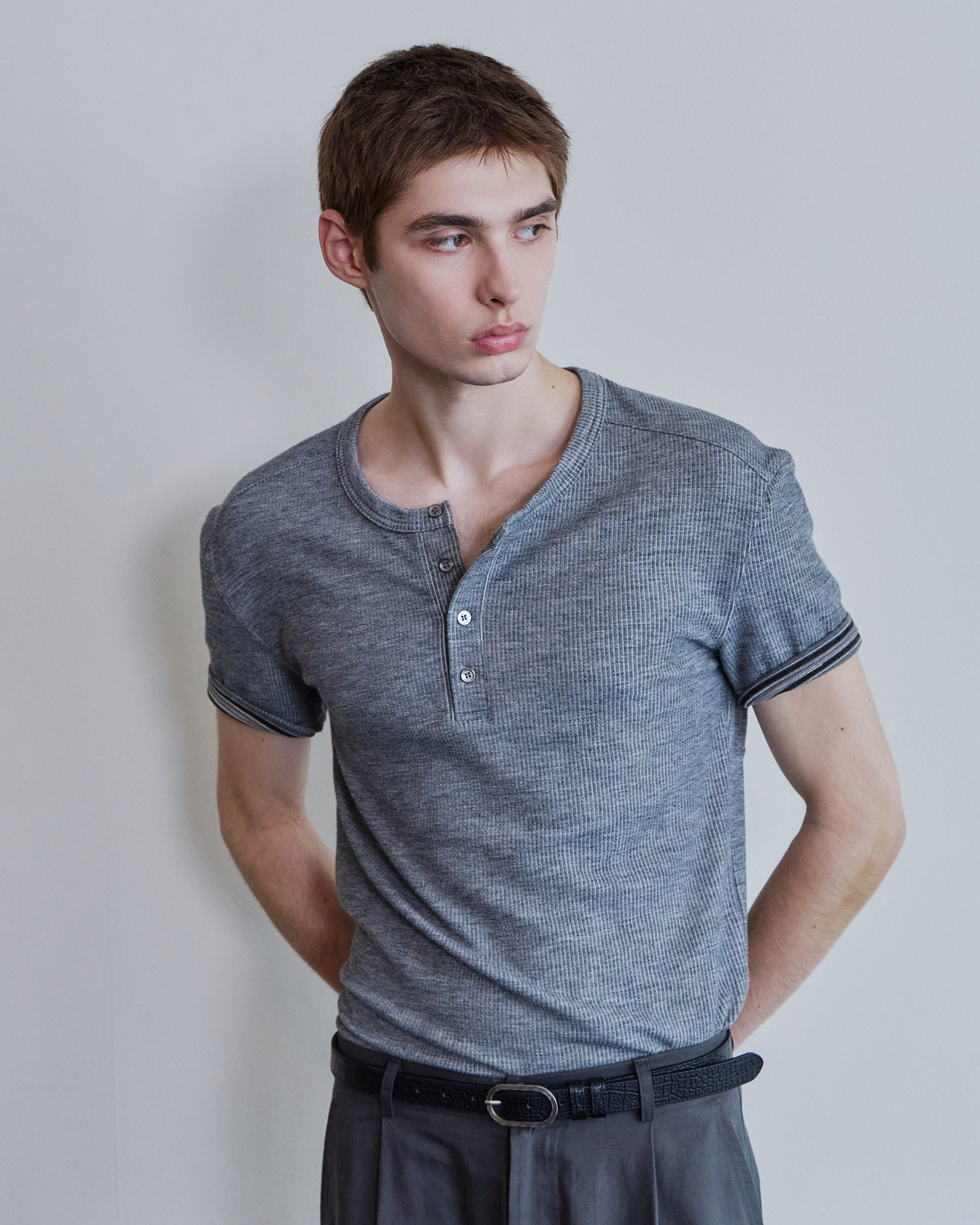 [WAVINESS] Ribbed Layered Henley-Neck T-shirts - Light Grey