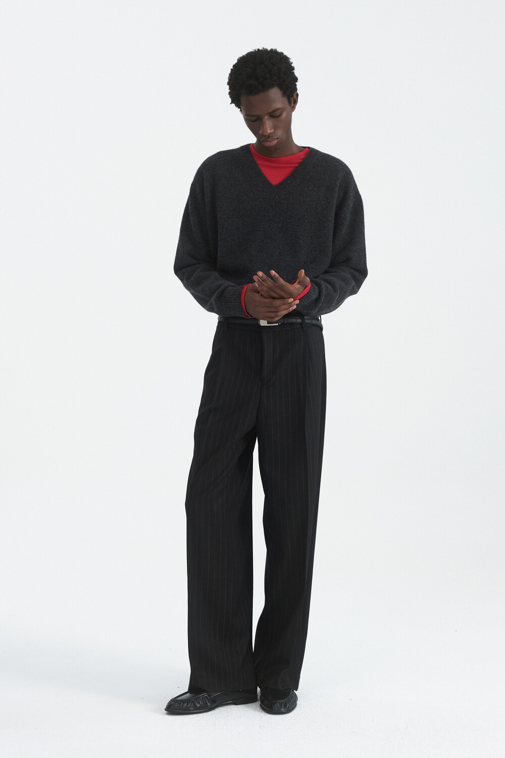 [WINDER] PLEATED WOOL TROUSERS - STRIPE BLACK