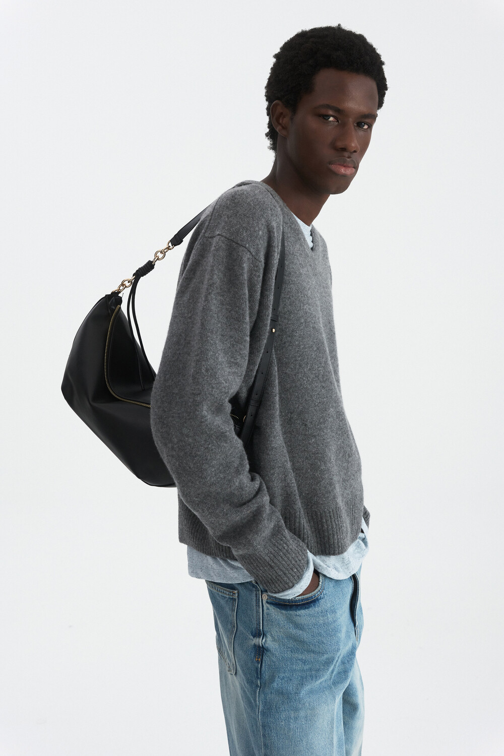 [WINDER] CONTOUR RIB WOOL V NECK SWEATER - MELANGE GREY