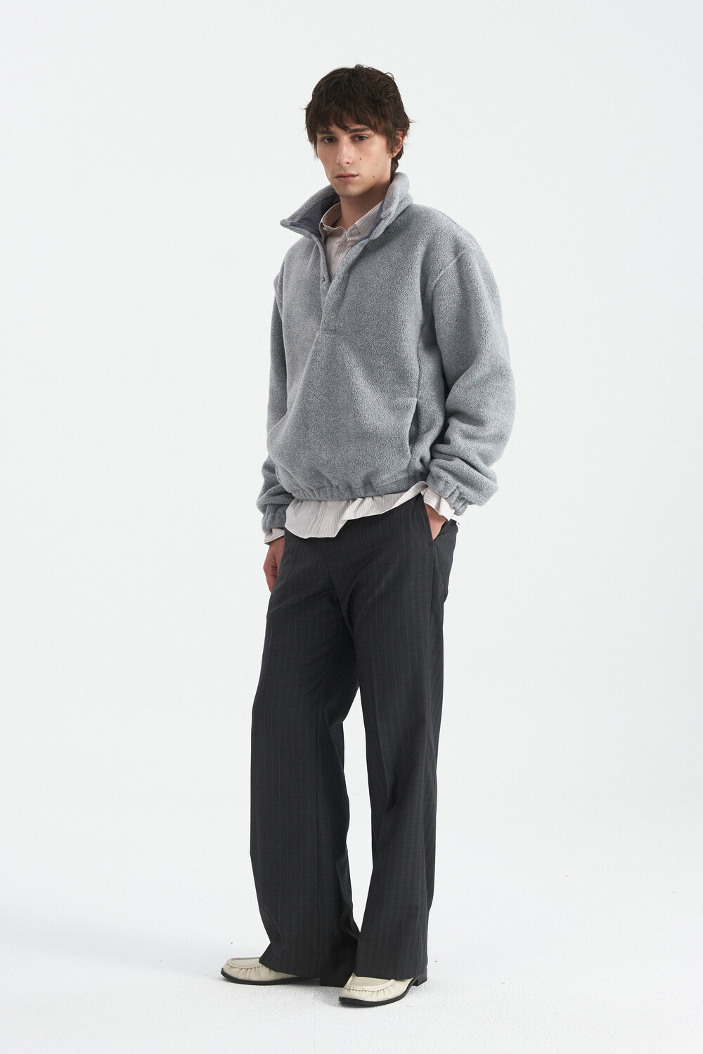 [WINDER] RING SNAP FLEECE PULL OVER -MELANGE GREY