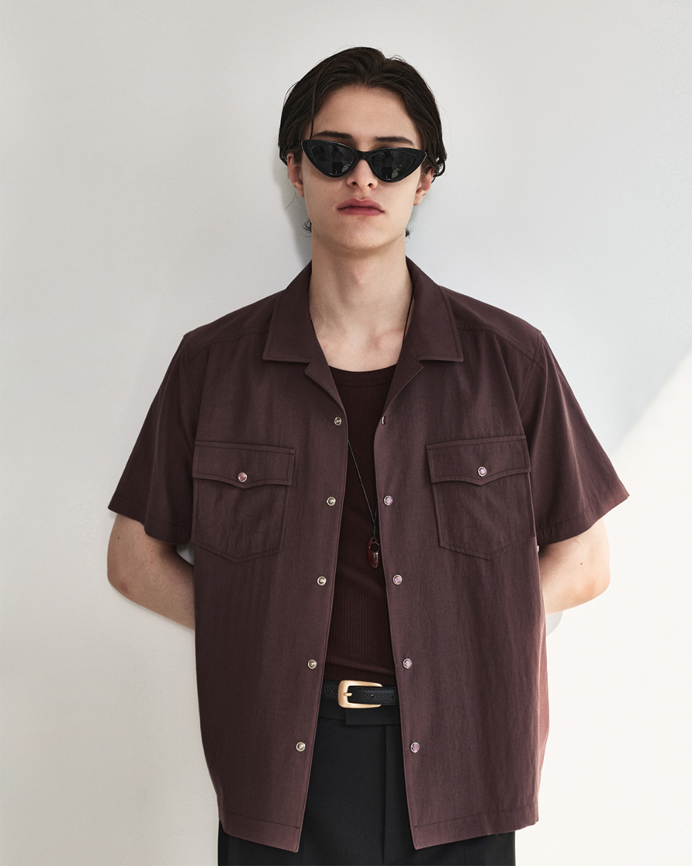 [kineto] Éclat Snap Open Collar Shirt_Plum