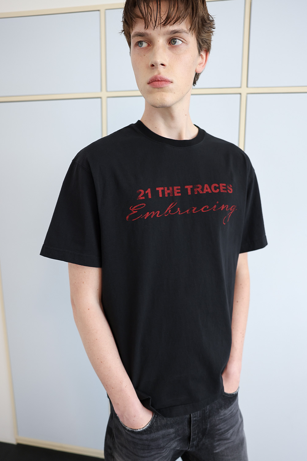 [ANYTIME LOREAK] TRACE WASHED HALF T-SHIRT - BLACK