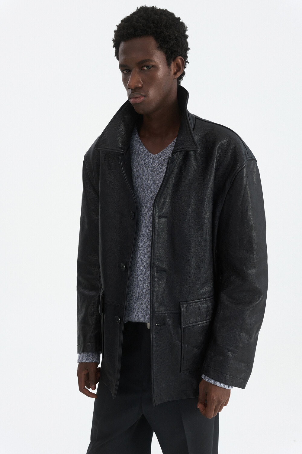 [WINDER] VINTAGE WASHED GOAT LEATHER CAR COAT - BLACK