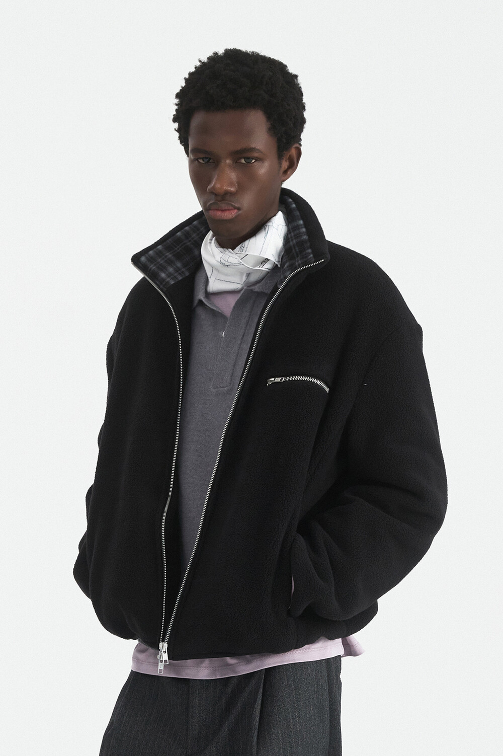 [WINDER] COLLAR CONTRAST FLEECE JUMPER - BLACK