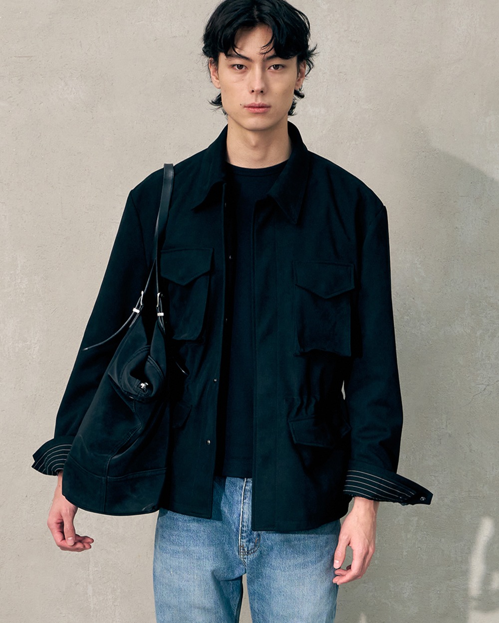 [HALEINE] FAUX SUEDE FIELD JACKET BLACK (XJ319)