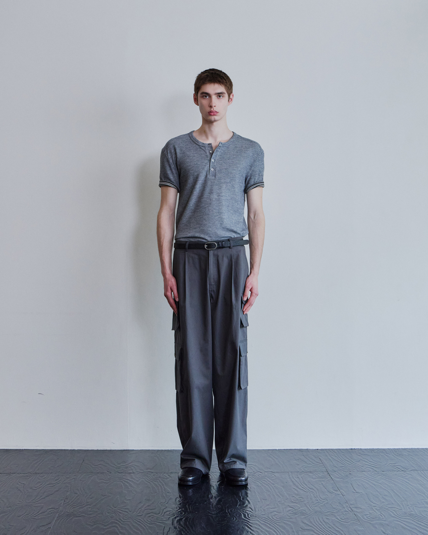 [WAVINESS] Ribbed Layered Henley-Neck T-shirts - Light Grey