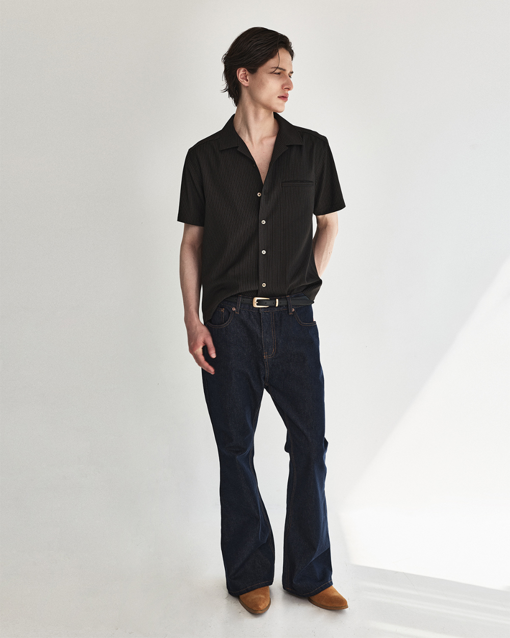 [kineto] Refined Wool Stripe Shirt_Dark Brown