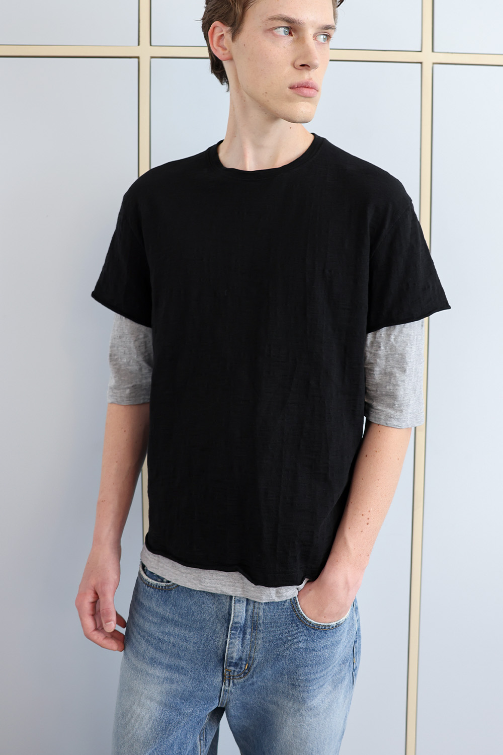 [ANYTIME LOREAK] FADE SLUB HALF T-SHIRT - BLACK