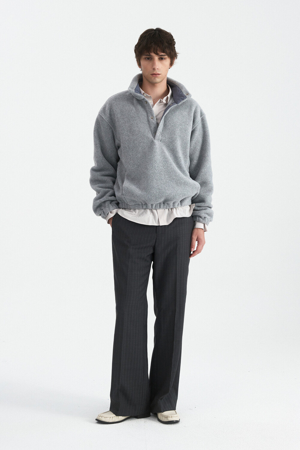 [WINDER] RING SNAP FLEECE PULL OVER -MELANGE GREY
