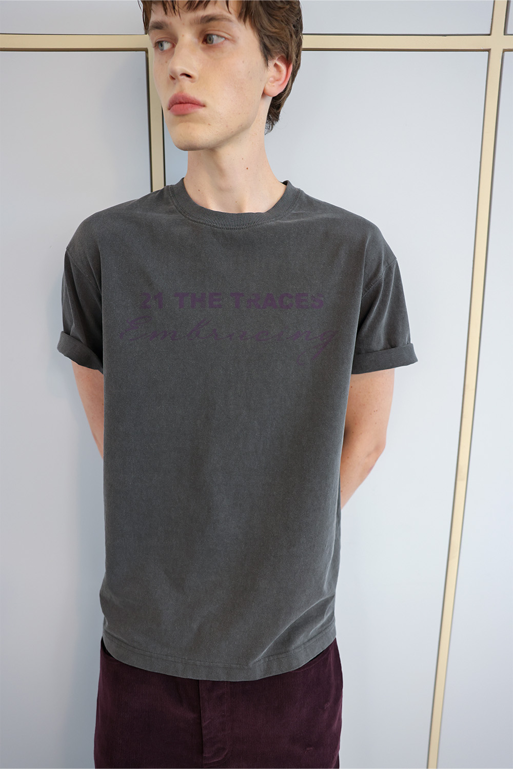 [ANYTIME LOREAK] TRACE WASHED HALF T-SHIRT - CHARCOAL