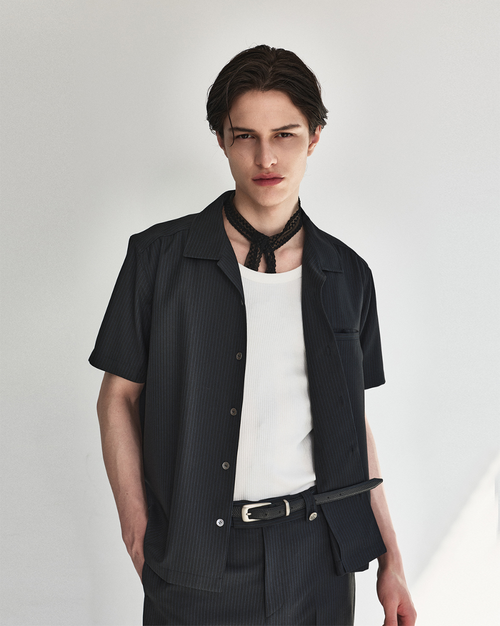 [kineto] Oblong Leather Buckle Belt_Silver