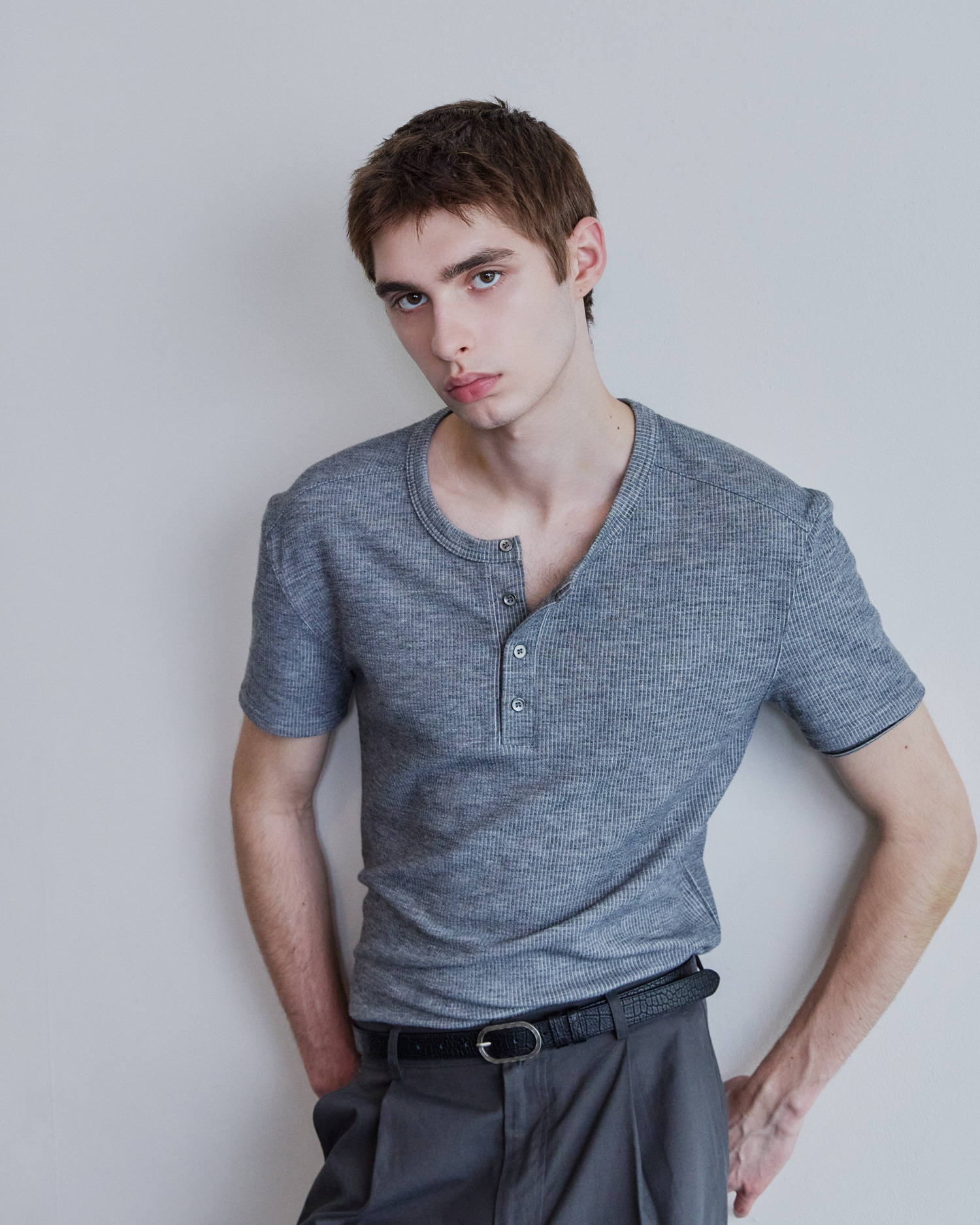 [WAVINESS] Ribbed Layered Henley-Neck T-shirts - Light Grey