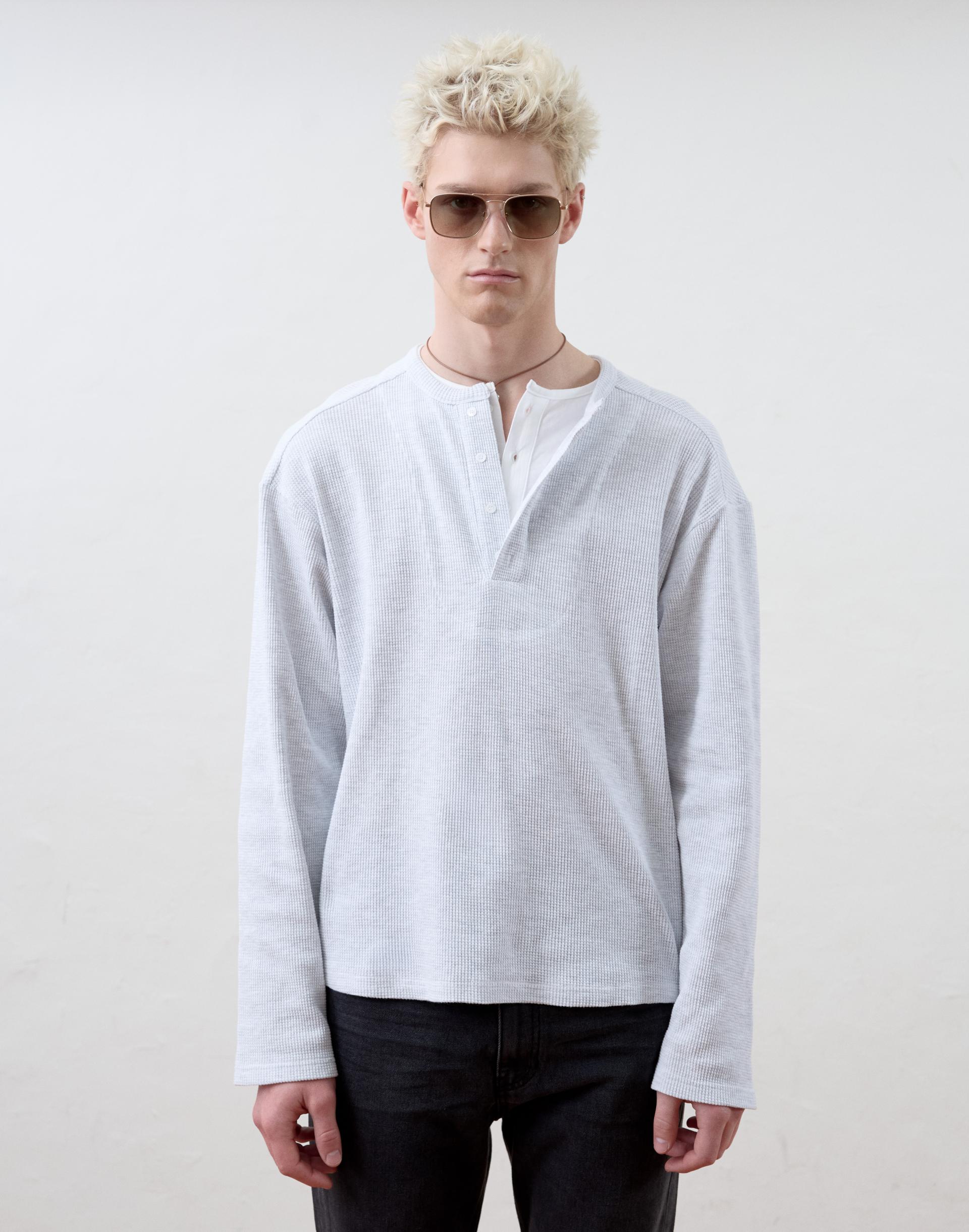 [MOOMYUNG] LAYERED HENLEY NECK LONG SLEEVE (LIGHT GREY)