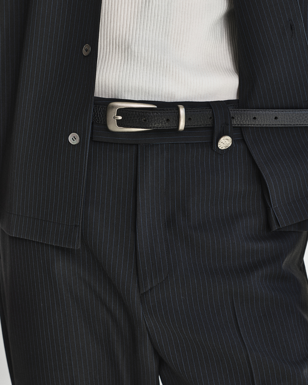 [kineto] Oblong Leather Buckle Belt_Silver